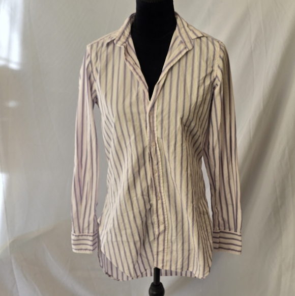 Frank & Eileen women S greyson blue pink white stripe shirt high low back Italy, - Picture 2 of 11